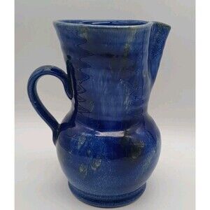 Italica ARS Pitcher Blue Drip Glaze Italy Hand Made Redware 8.25"